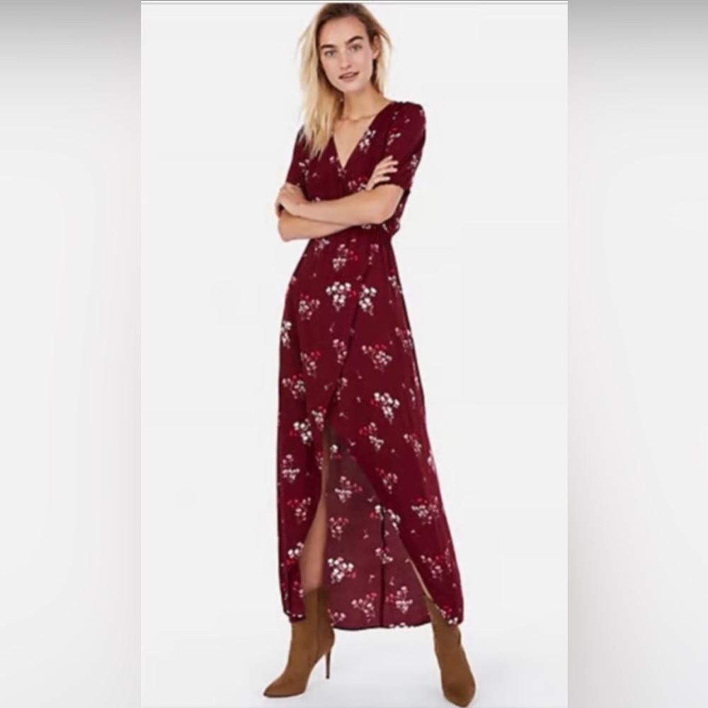 Express Burgundy Floral High Low Dress with V-Neck